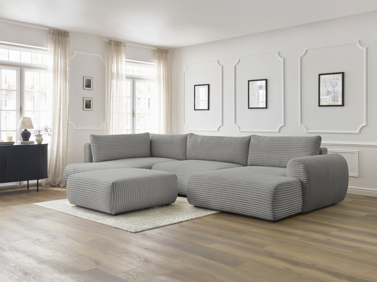 Canapé panoramique convertible coffre LUCIEN gros côtelé doux avec pouf