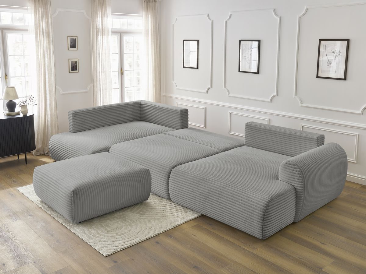 Canapé panoramique convertible coffre LUCIEN gros côtelé doux avec pouf
