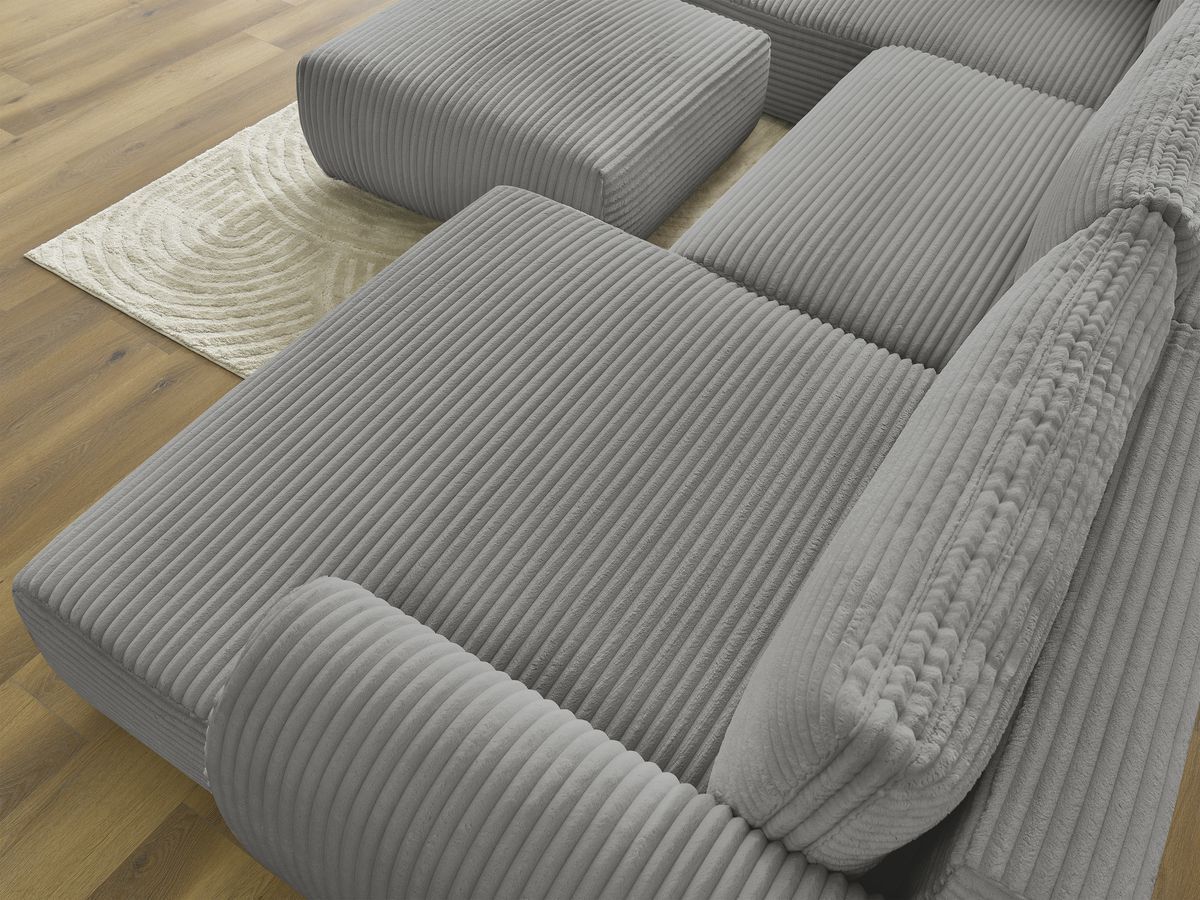 Canapé panoramique convertible coffre LUCIEN gros côtelé doux avec pouf