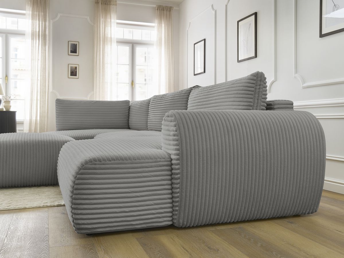 Canapé panoramique convertible coffre LUCIEN gros côtelé doux avec pouf