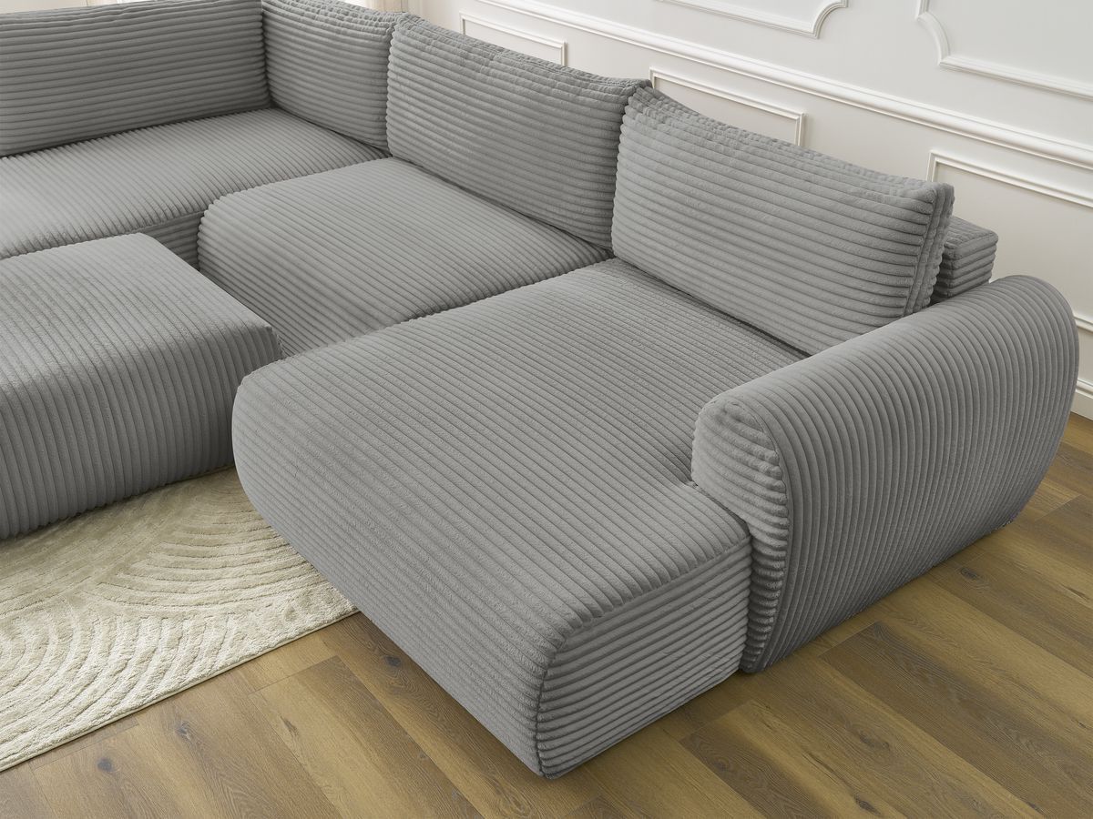 Canapé panoramique convertible coffre LUCIEN gros côtelé doux avec pouf