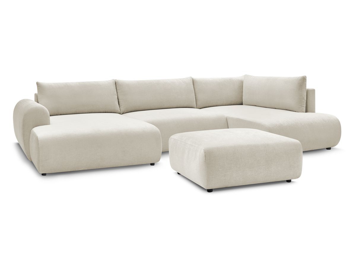 Canapé panoramique convertible coffre LUCIEN tissu lisse avec pouf