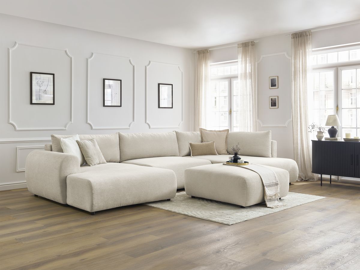 Canapé panoramique convertible coffre LUCIEN tissu lisse avec pouf