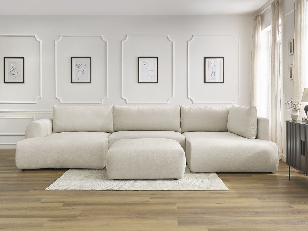 Canapé panoramique convertible coffre LUCIEN tissu lisse avec pouf beige angle gauche BOBOCHIC 6 places - Vue supplémentaire 3