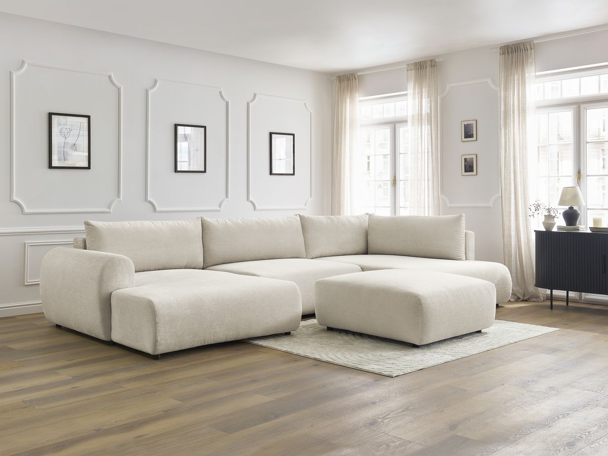 Canapé panoramique convertible coffre LUCIEN tissu lisse avec pouf