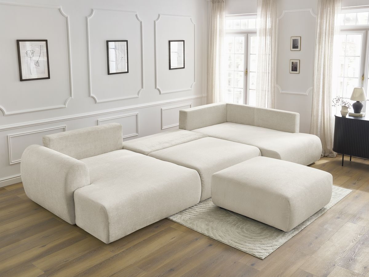 Canapé panoramique convertible coffre LUCIEN tissu lisse avec pouf