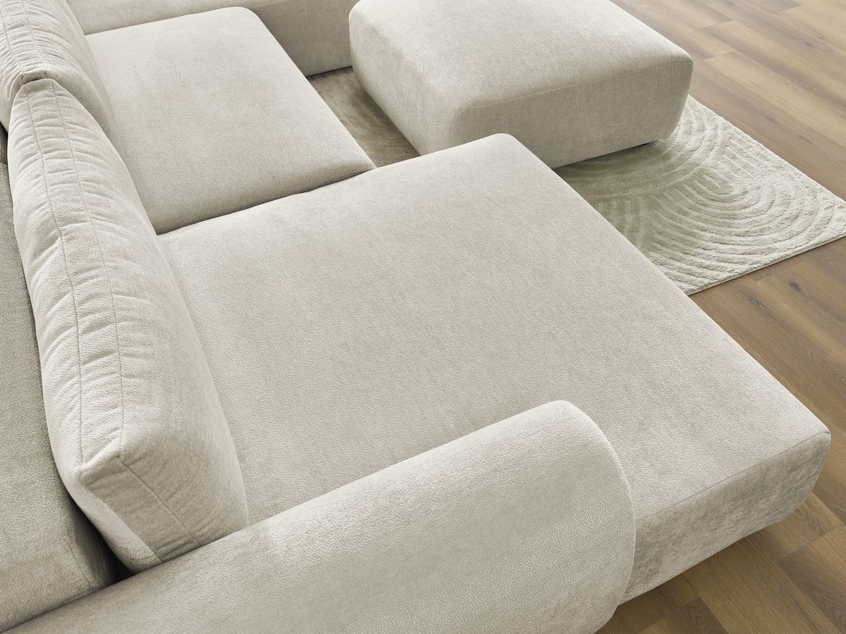 Canapé panoramique convertible coffre LUCIEN tissu lisse avec pouf