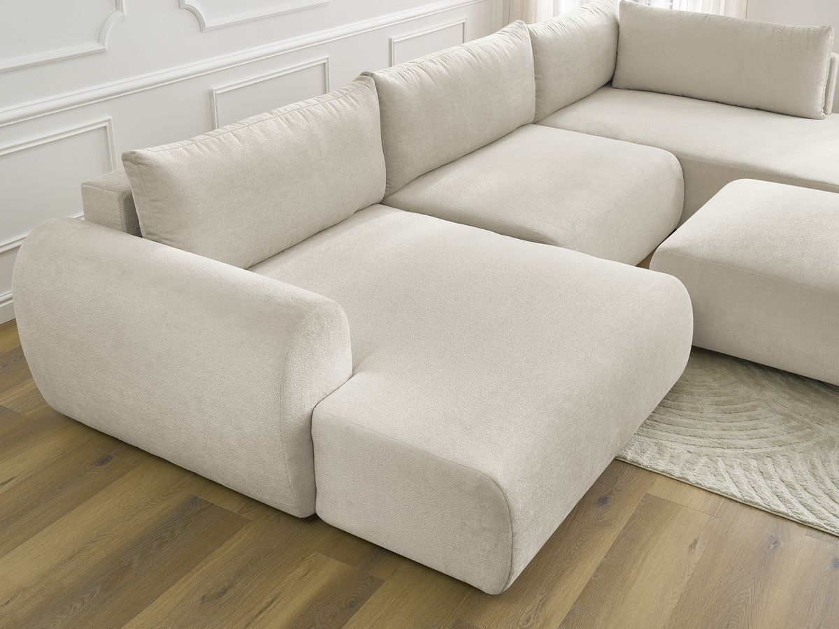 Canapé panoramique convertible coffre LUCIEN tissu lisse avec pouf
