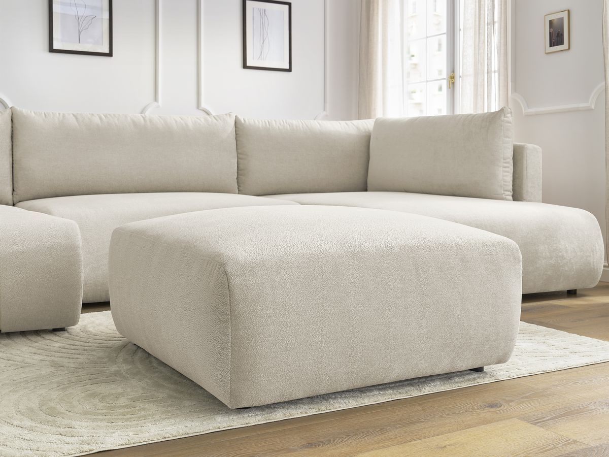 Canapé panoramique convertible coffre LUCIEN tissu lisse avec pouf