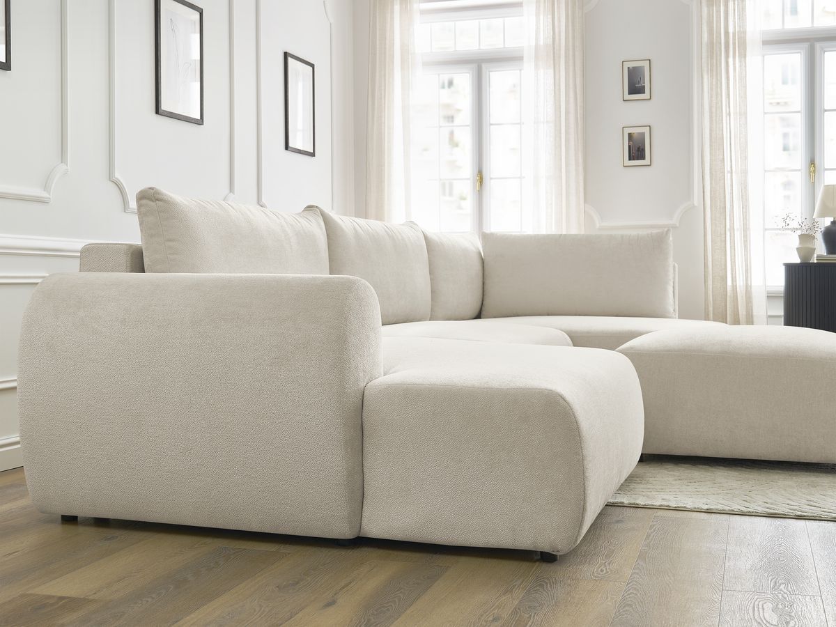 Canapé panoramique convertible coffre LUCIEN tissu lisse avec pouf