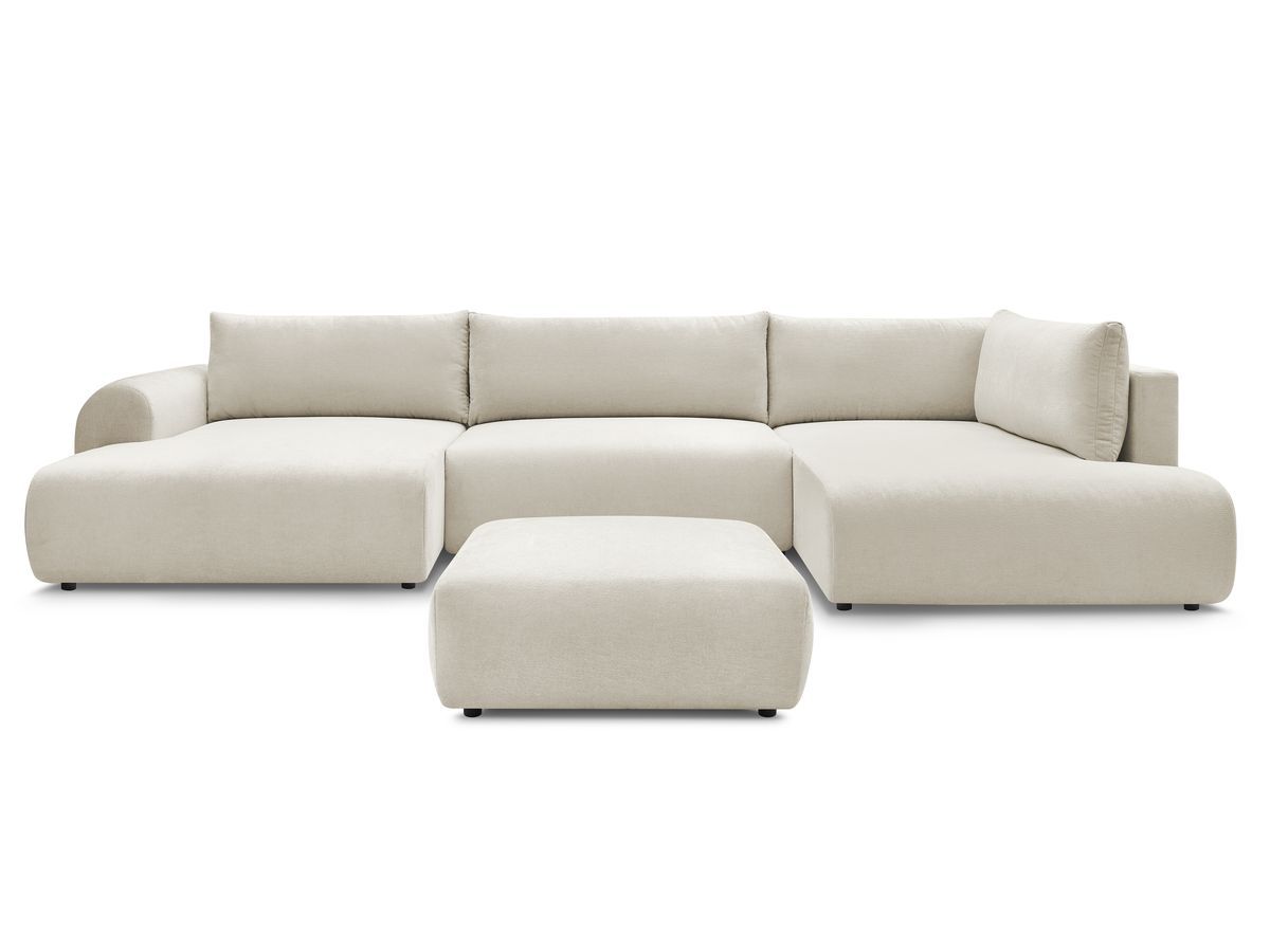 Canapé panoramique convertible coffre LUCIEN tissu lisse avec pouf