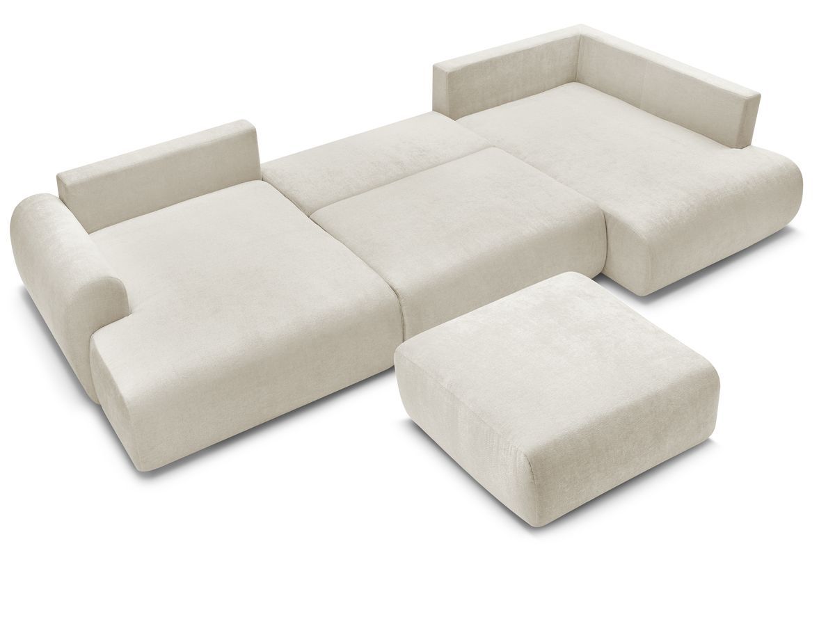 Canapé panoramique convertible coffre LUCIEN tissu lisse avec pouf