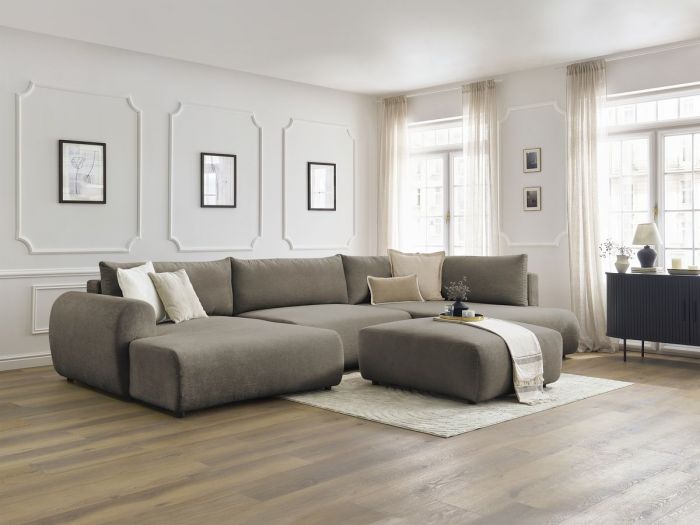 Canapé panoramique convertible coffre LUCIEN tissu lisse avec pouf
