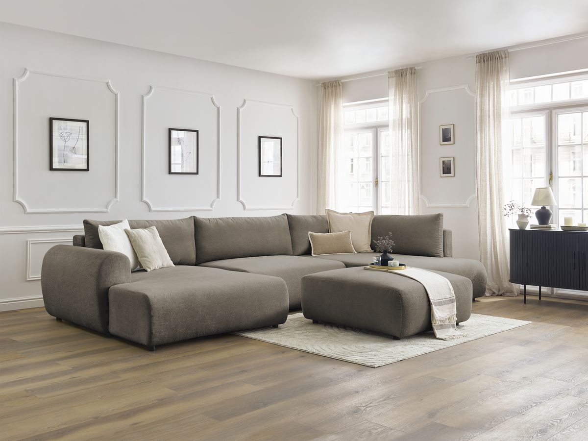 Canapé panoramique convertible coffre LUCIEN tissu lisse avec pouf