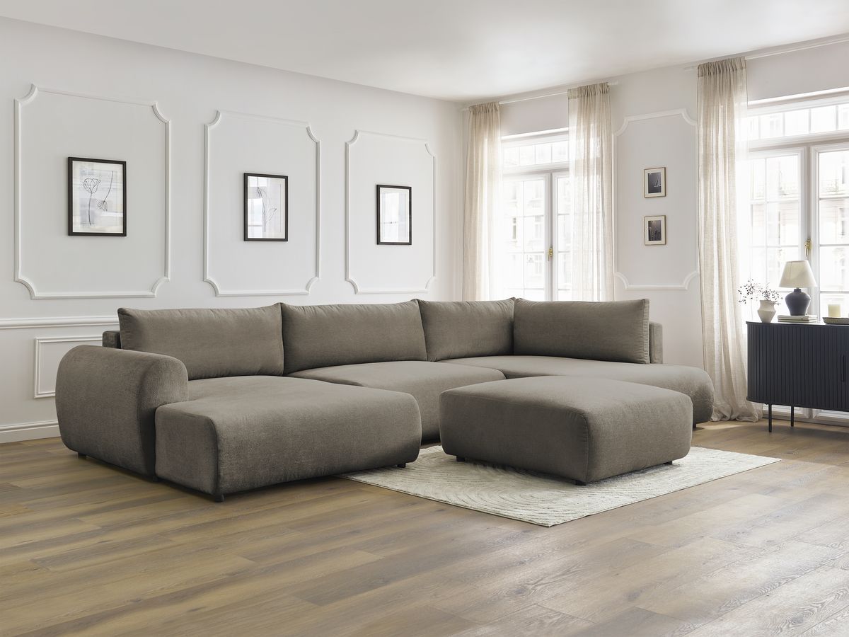 Canapé panoramique convertible coffre LUCIEN tissu lisse avec pouf