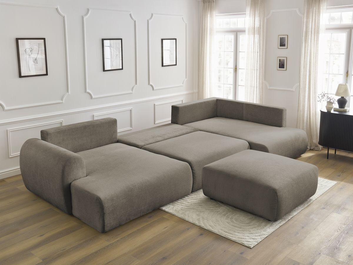 Canapé panoramique convertible coffre LUCIEN tissu lisse avec pouf