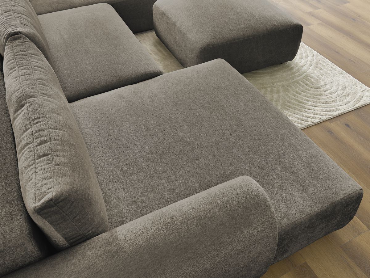 Canapé panoramique convertible coffre LUCIEN tissu lisse avec pouf