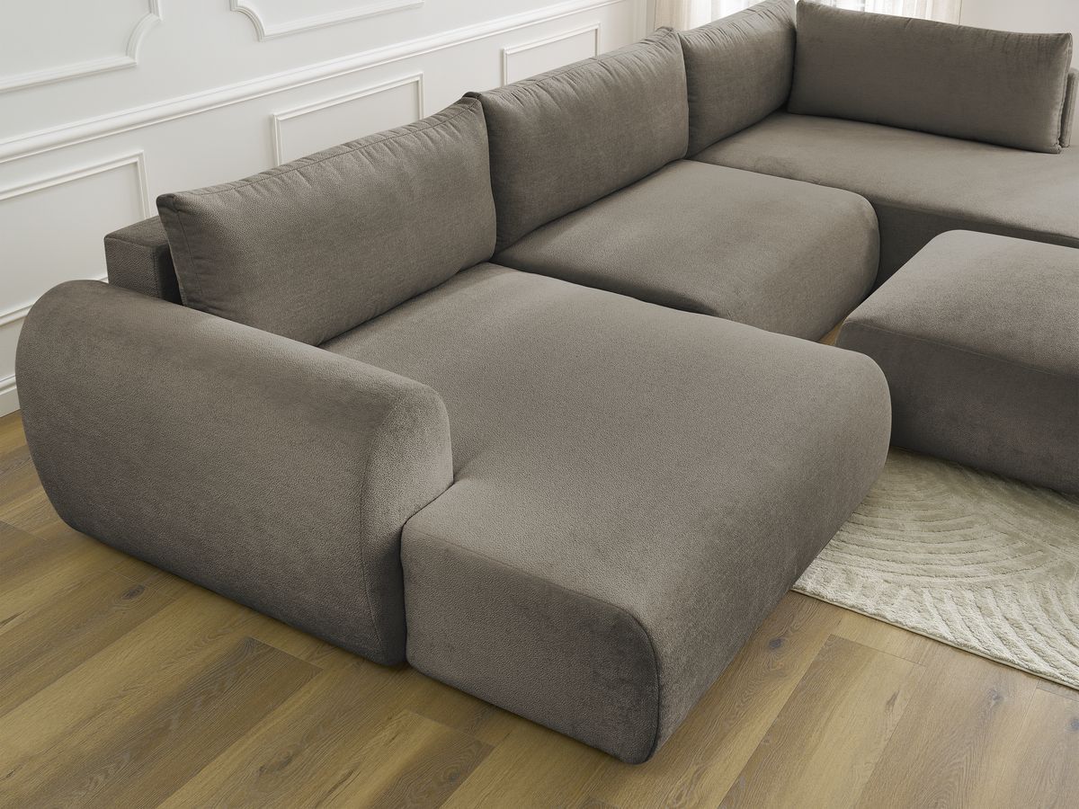 Canapé panoramique convertible coffre LUCIEN tissu lisse avec pouf