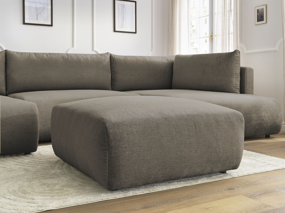 Canapé panoramique convertible coffre LUCIEN tissu lisse avec pouf