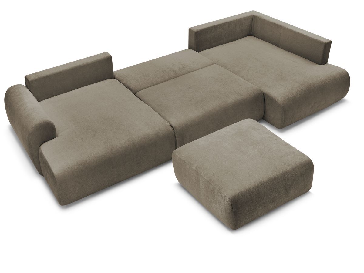 Canapé panoramique convertible coffre LUCIEN tissu lisse avec pouf