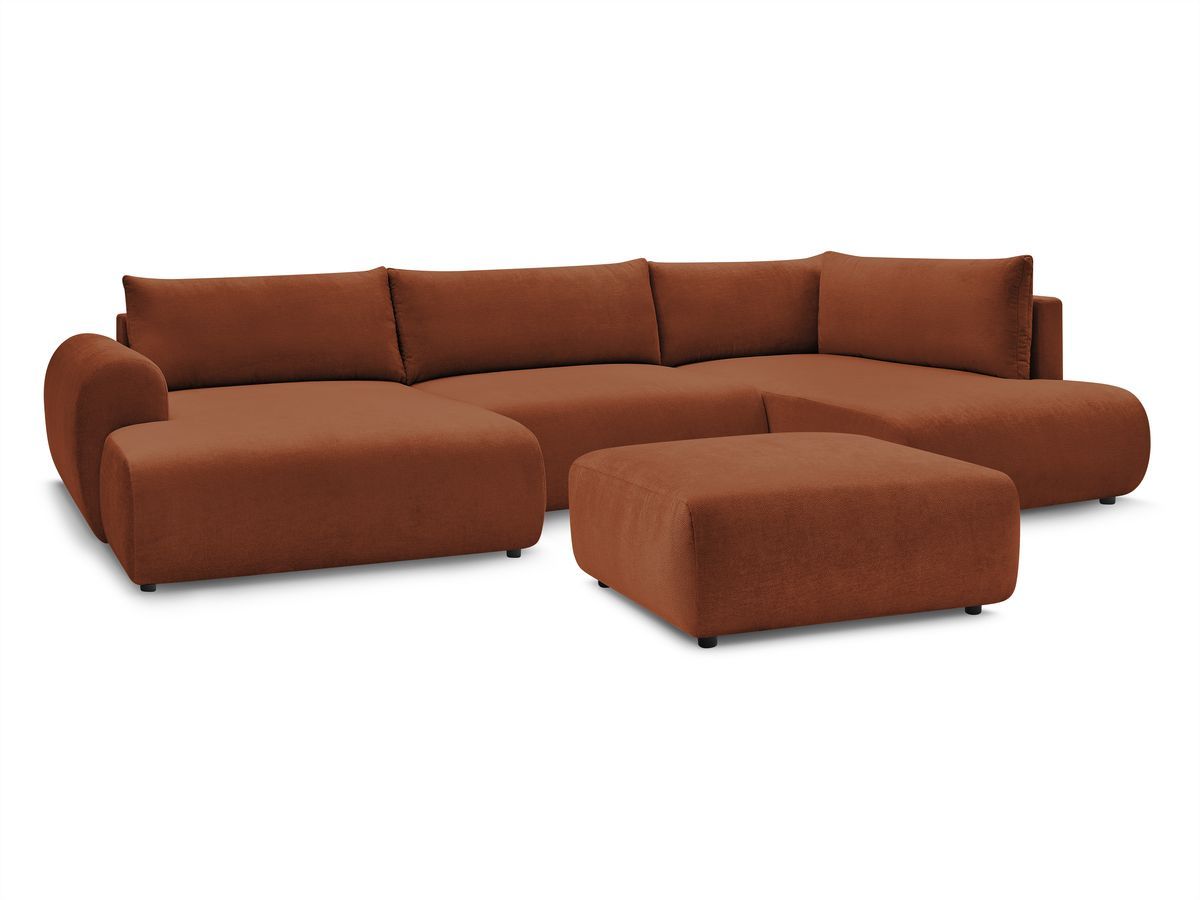 Canapé panoramique convertible coffre LUCIEN tissu lisse avec pouf