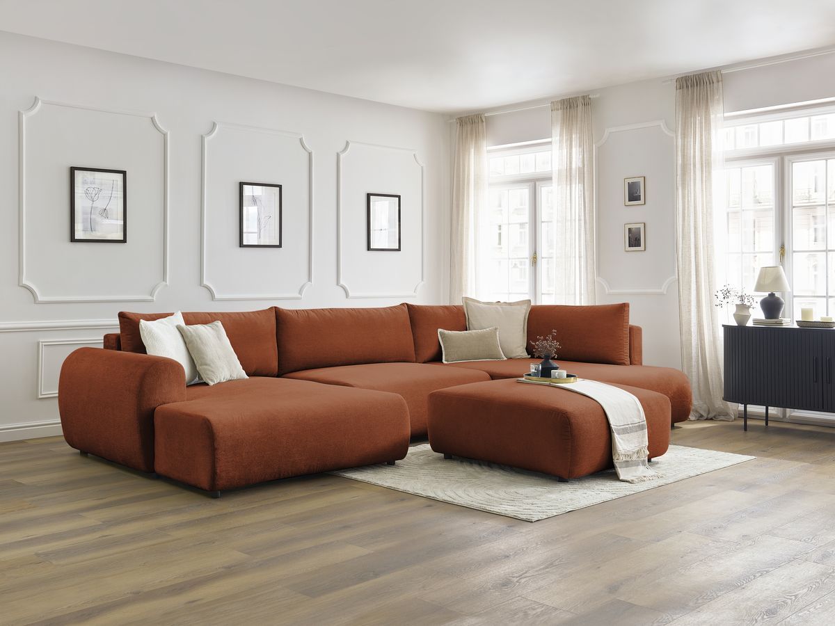 Canapé panoramique convertible coffre LUCIEN tissu lisse avec pouf