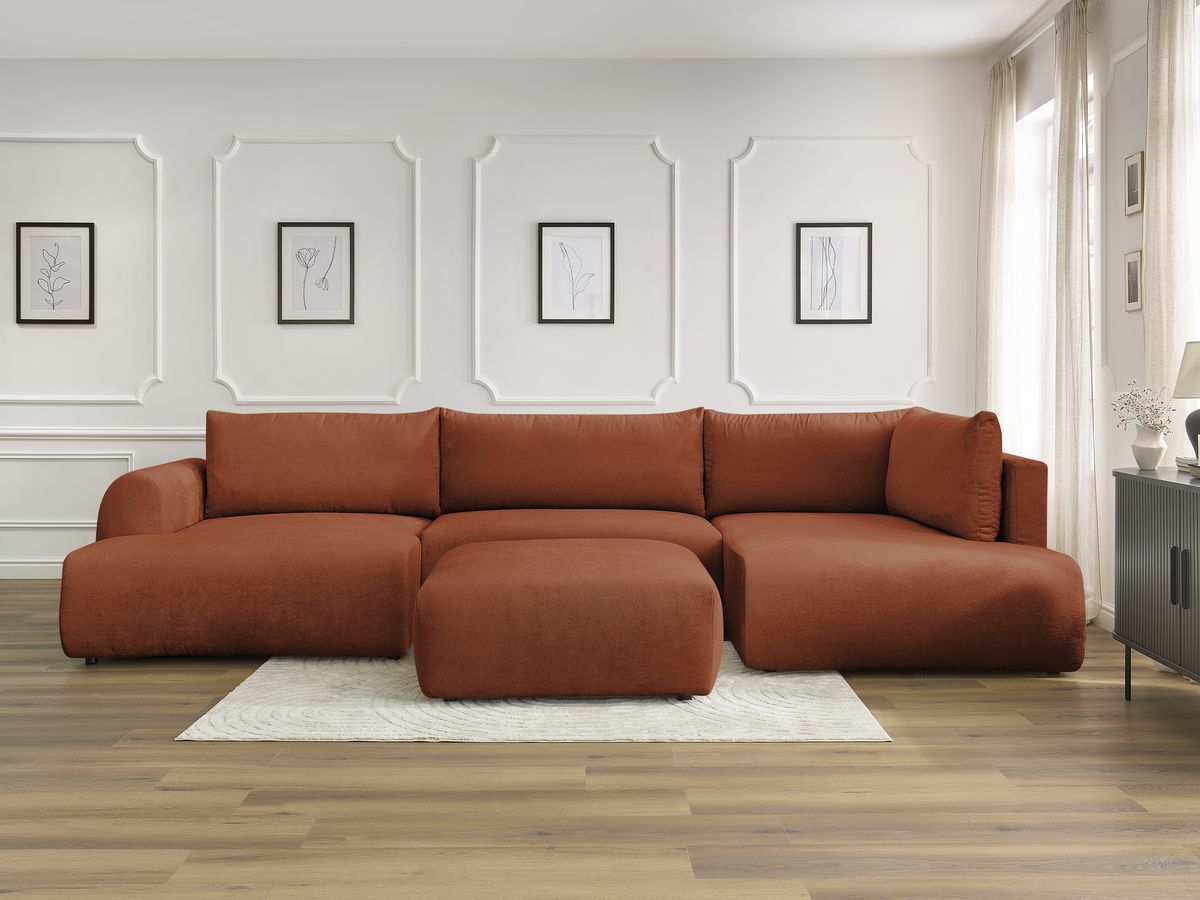 Canapé panoramique convertible coffre LUCIEN tissu lisse avec pouf orange angle gauche BOBOCHIC 6 places - Vue supplémentaire 3