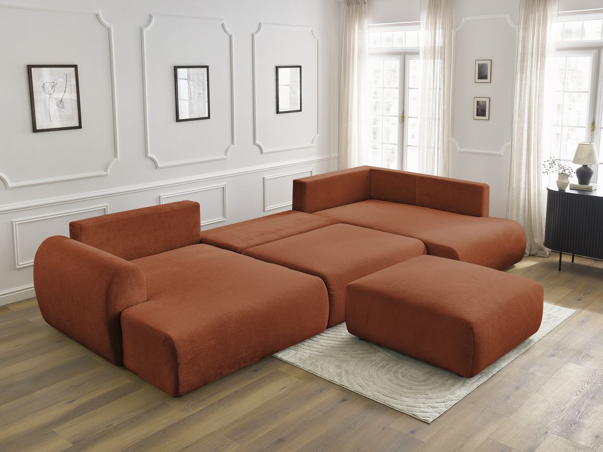 Canapé panoramique convertible coffre LUCIEN tissu lisse avec pouf