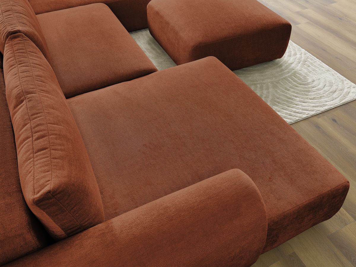 Canapé panoramique convertible coffre LUCIEN tissu lisse avec pouf