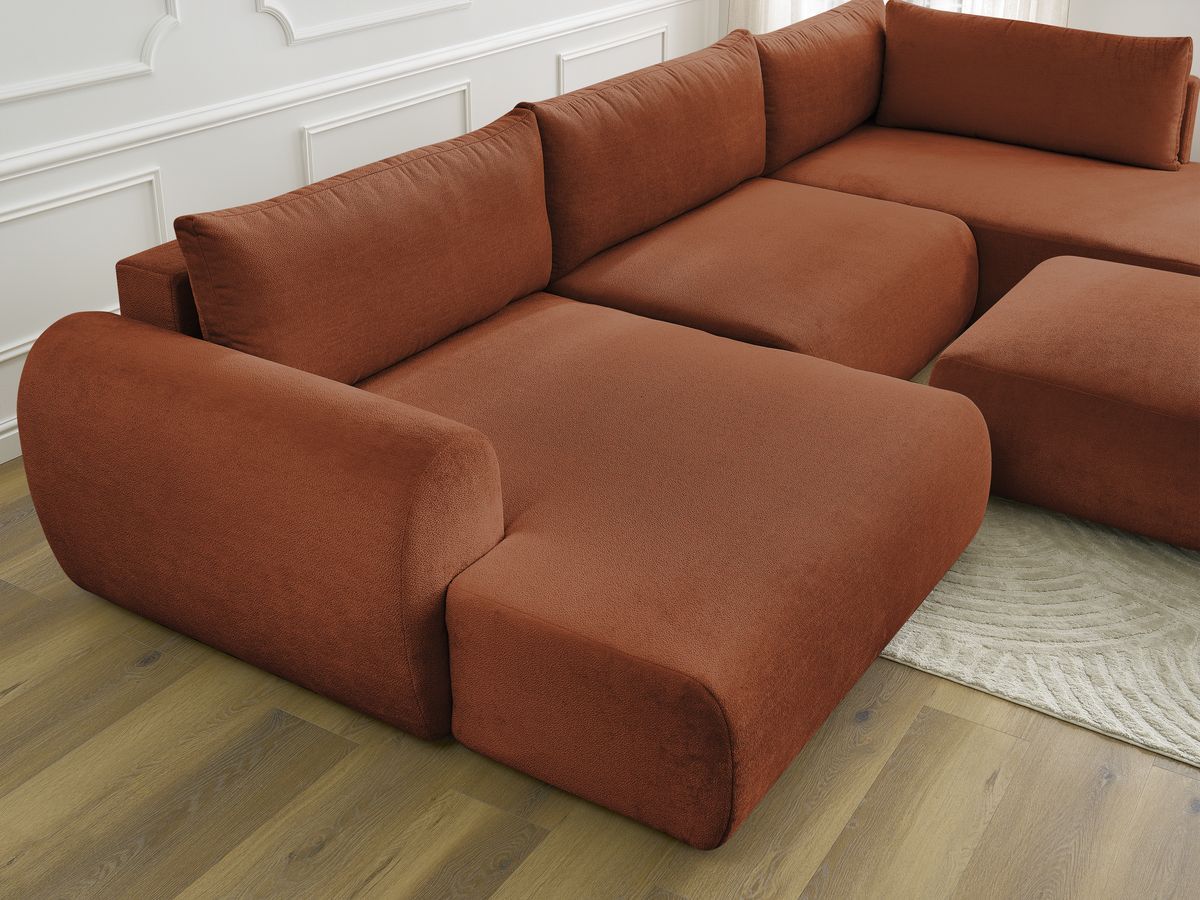 Canapé panoramique convertible coffre LUCIEN tissu lisse avec pouf