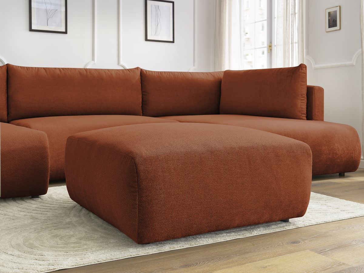 Canapé panoramique convertible coffre LUCIEN tissu lisse avec pouf