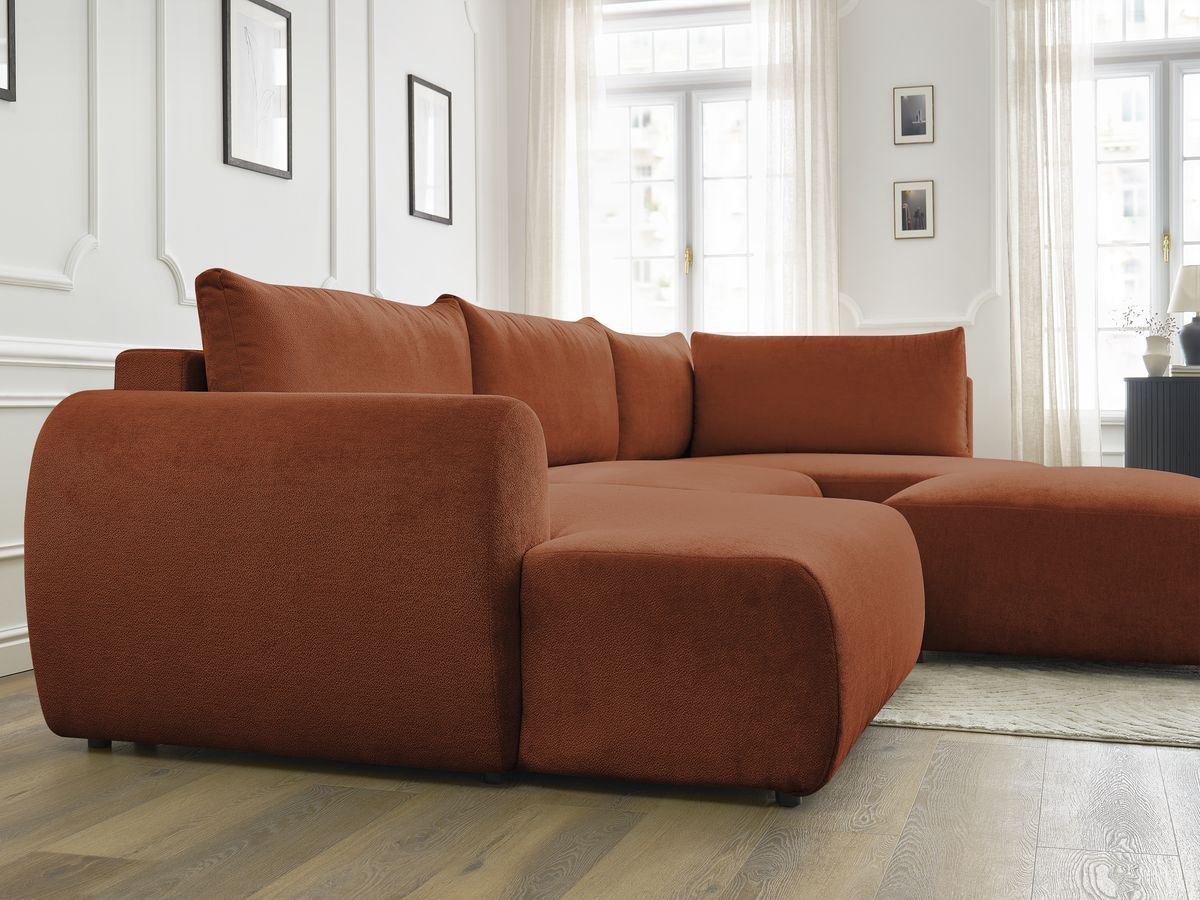 Canapé panoramique convertible coffre LUCIEN tissu lisse avec pouf