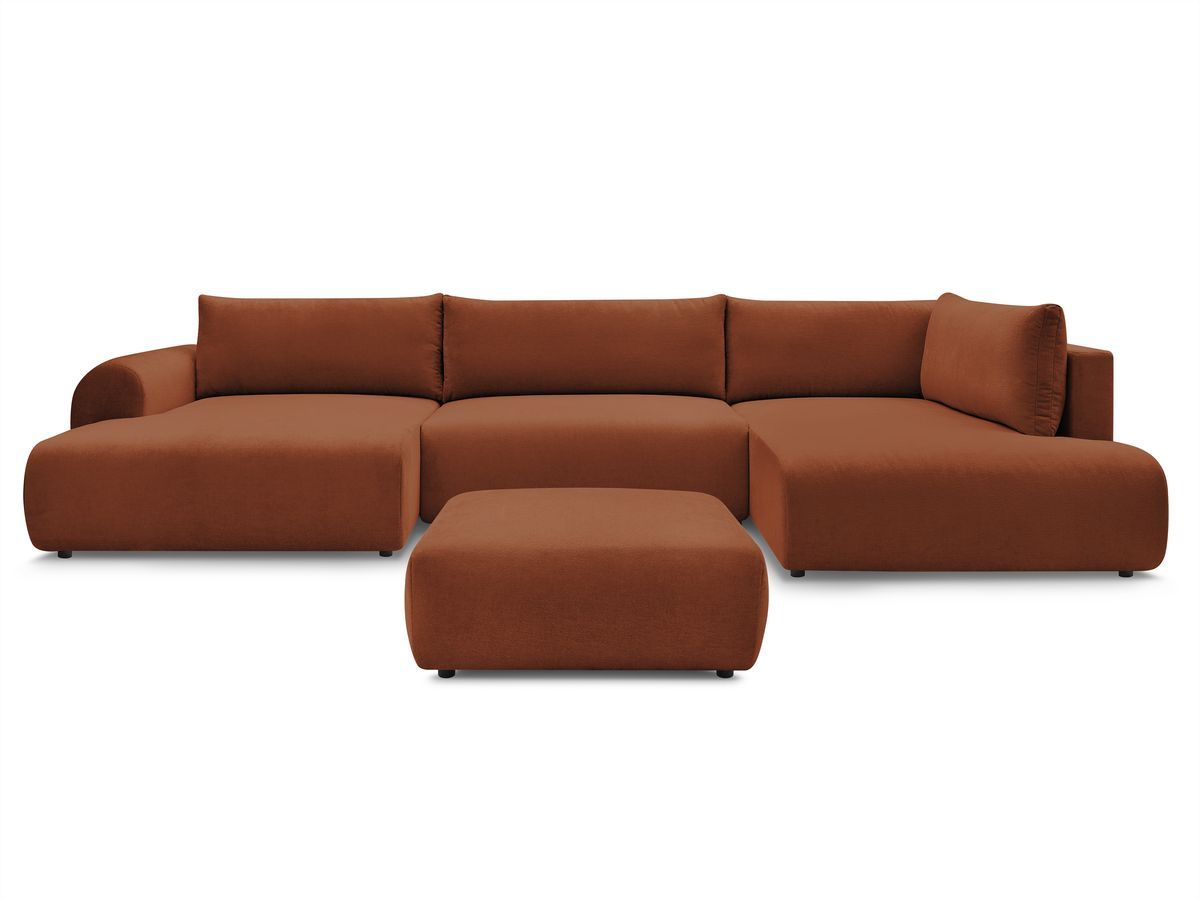 Canapé panoramique convertible coffre LUCIEN tissu lisse avec pouf