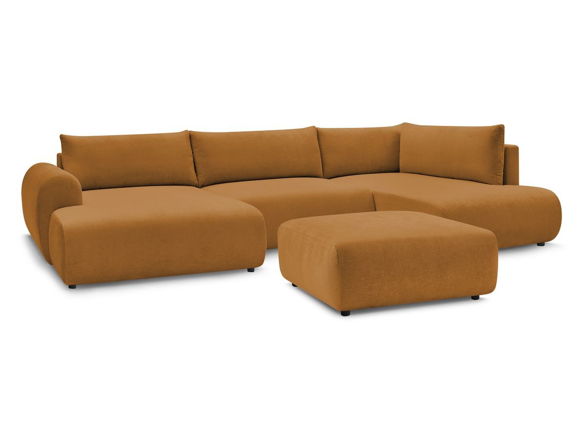 Canapé panoramique convertible coffre LUCIEN tissu lisse avec pouf