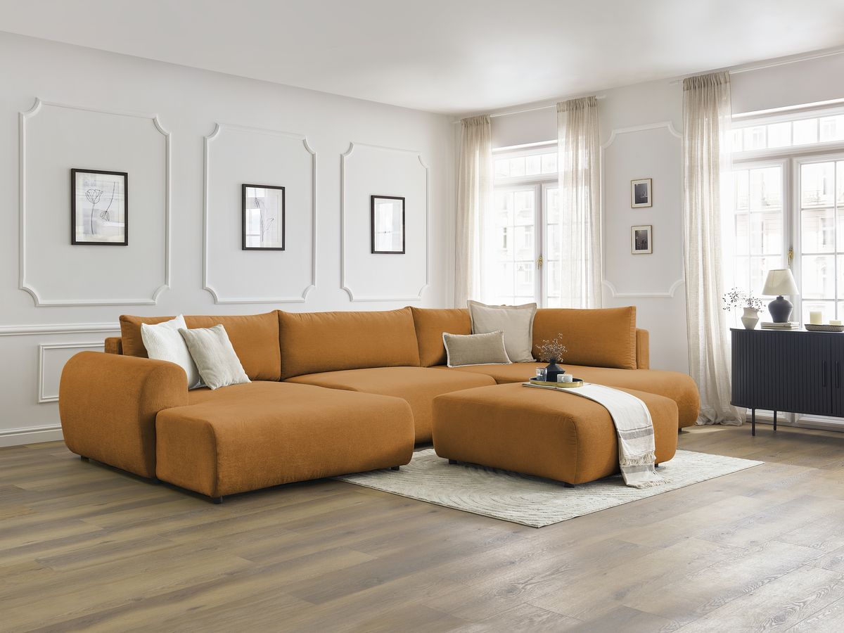 Canapé panoramique convertible coffre LUCIEN tissu lisse avec pouf