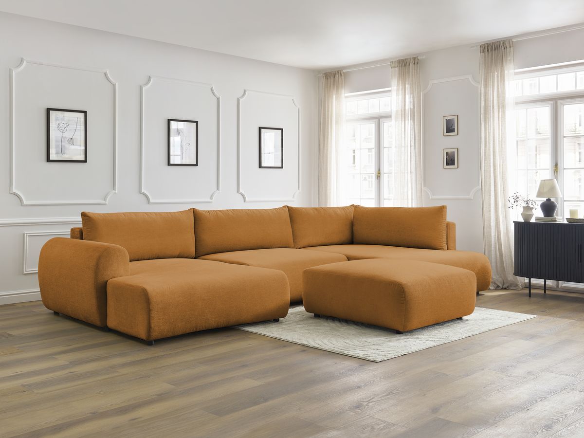 Canapé panoramique convertible coffre LUCIEN tissu lisse avec pouf