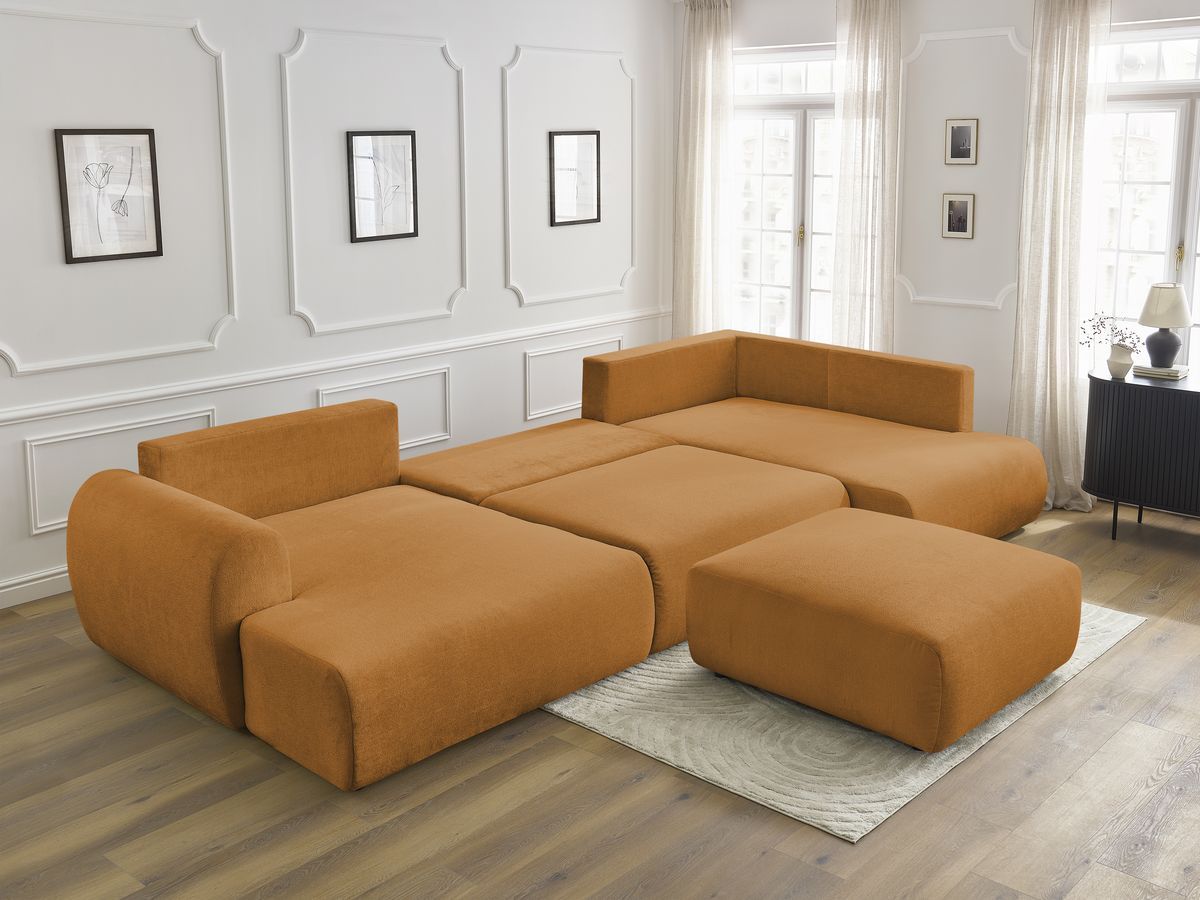 Canapé panoramique convertible coffre LUCIEN tissu lisse avec pouf