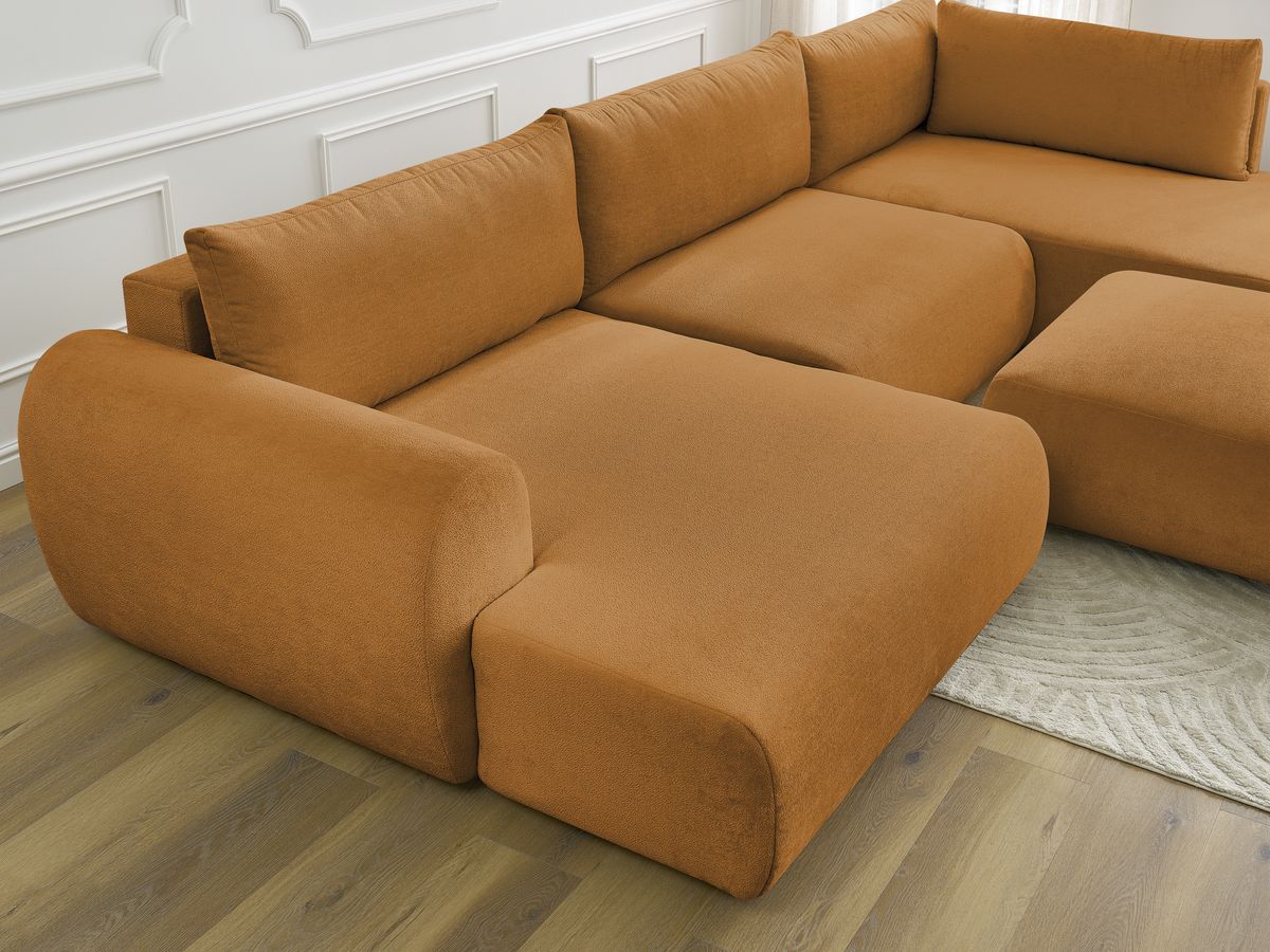 Canapé panoramique convertible coffre LUCIEN tissu lisse avec pouf
