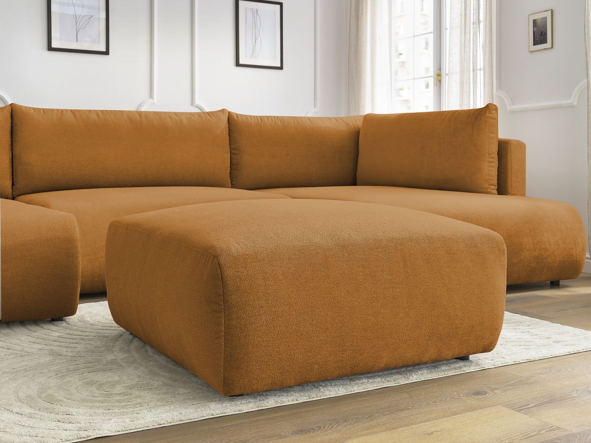 Canapé panoramique convertible coffre LUCIEN tissu lisse avec pouf