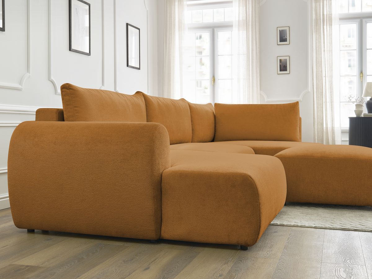 Canapé panoramique convertible coffre LUCIEN tissu lisse avec pouf