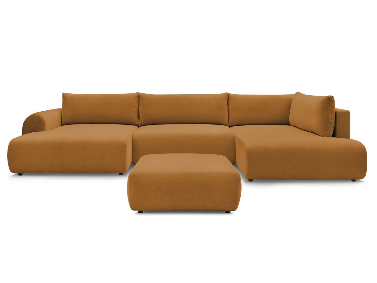 Canapé panoramique convertible coffre LUCIEN tissu lisse avec pouf