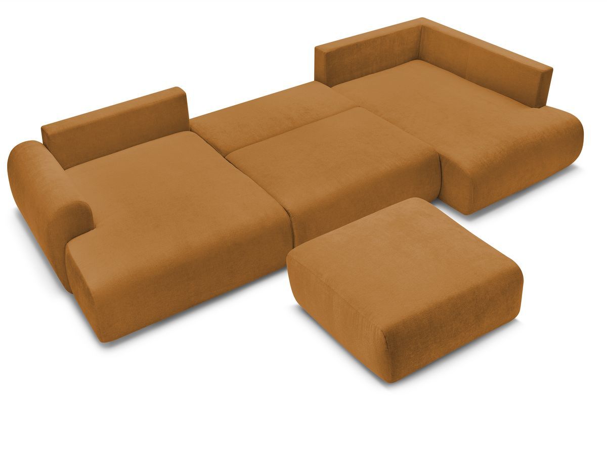 Canapé panoramique convertible coffre LUCIEN tissu lisse avec pouf