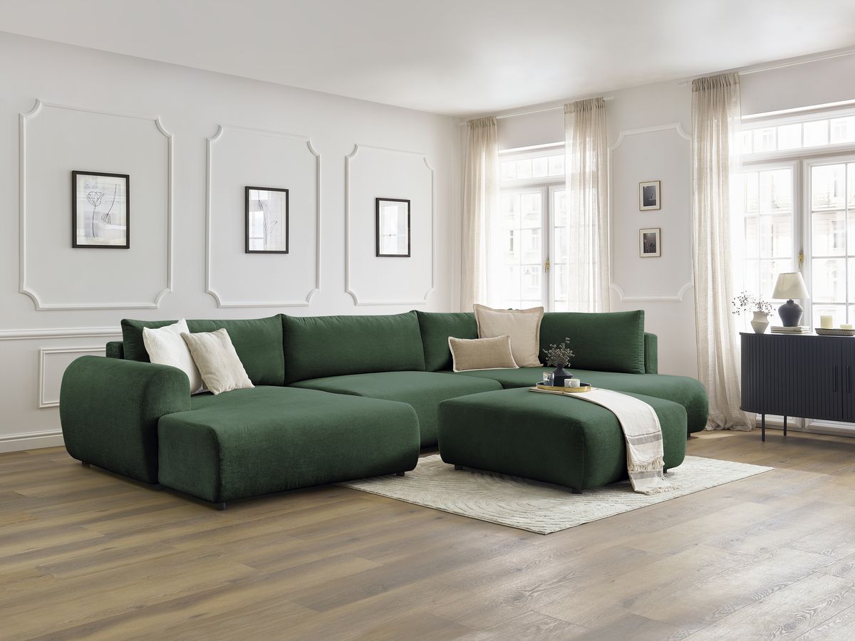 Canapé panoramique convertible coffre LUCIEN tissu lisse avec pouf