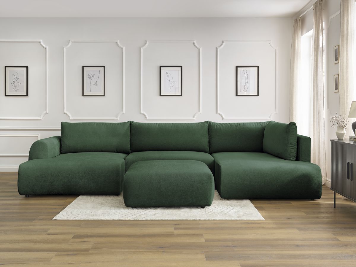 Canapé panoramique convertible coffre LUCIEN tissu lisse avec pouf vert angle gauche BOBOCHIC 6 places - Vue supplémentaire 3