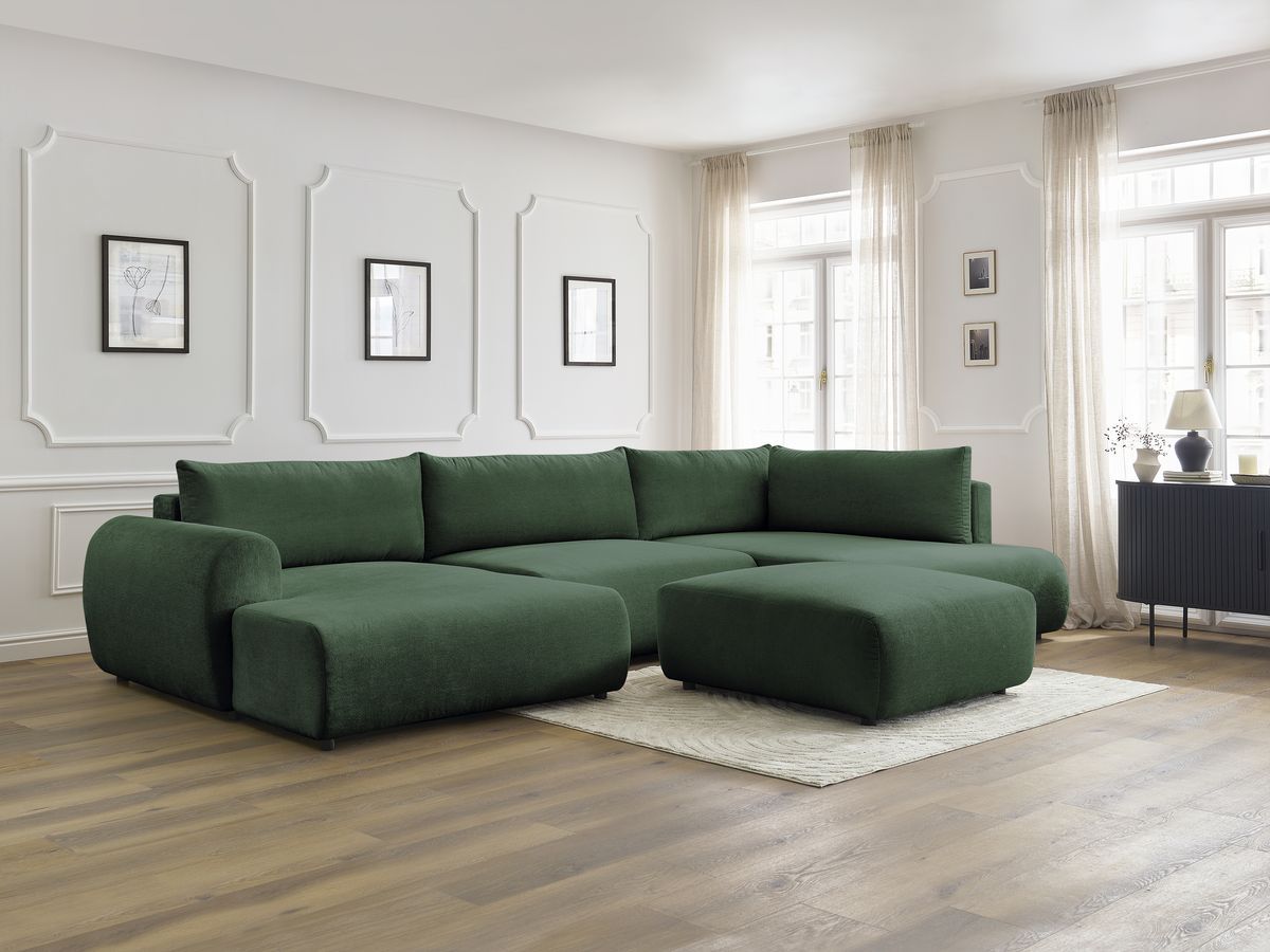 Canapé panoramique convertible coffre LUCIEN tissu lisse avec pouf