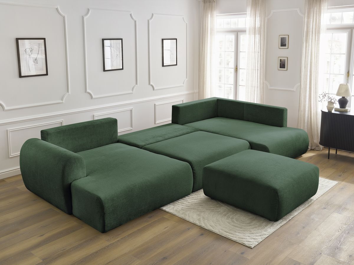 Canapé panoramique convertible coffre LUCIEN tissu lisse avec pouf