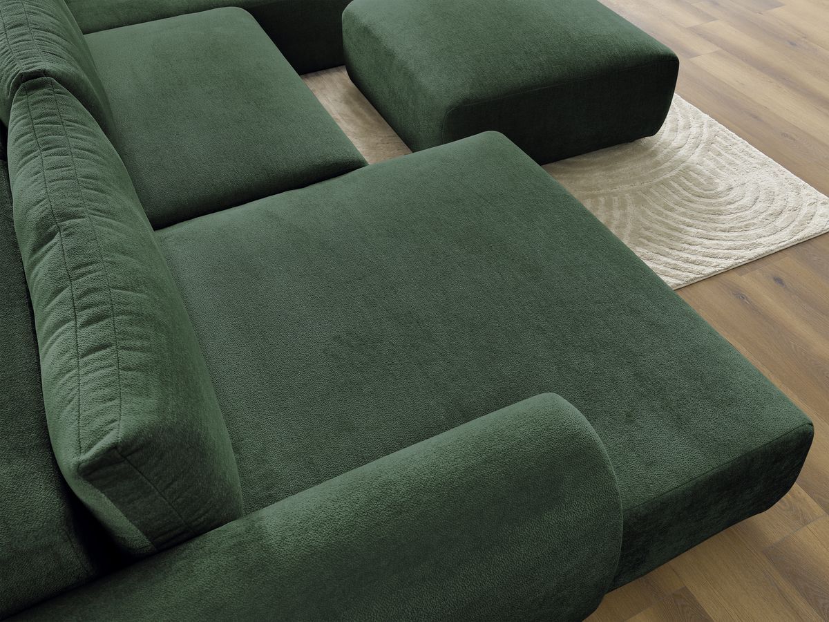 Canapé panoramique convertible coffre LUCIEN tissu lisse avec pouf