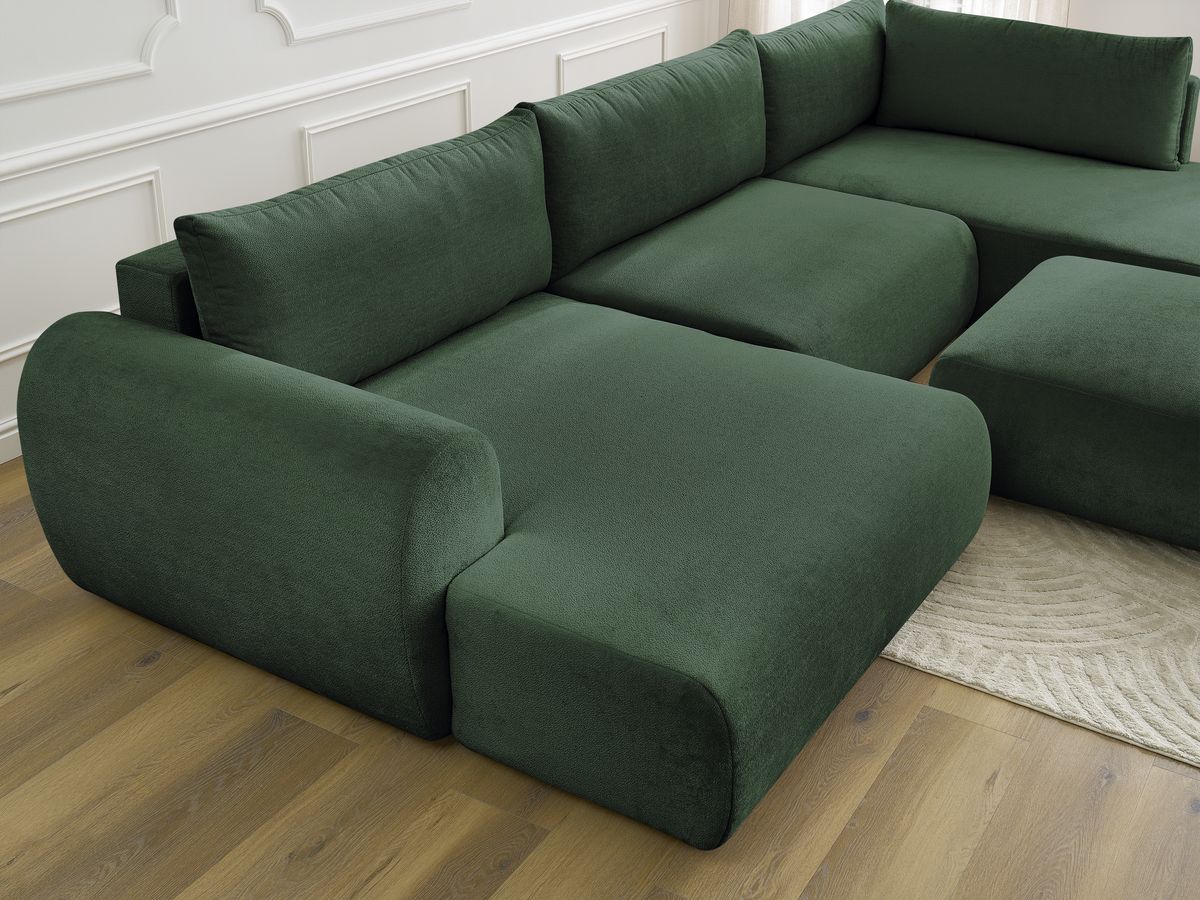 Canapé panoramique convertible coffre LUCIEN tissu lisse avec pouf