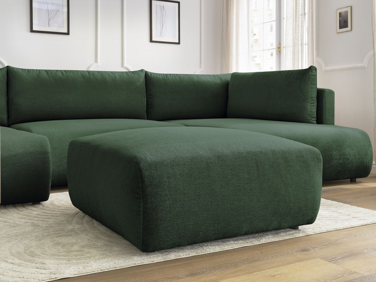 Canapé panoramique convertible coffre LUCIEN tissu lisse avec pouf