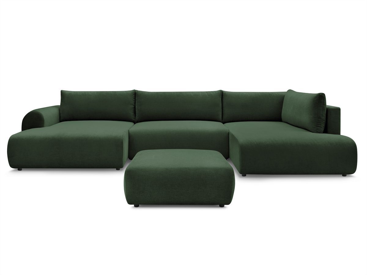 Canapé panoramique convertible coffre LUCIEN tissu lisse avec pouf